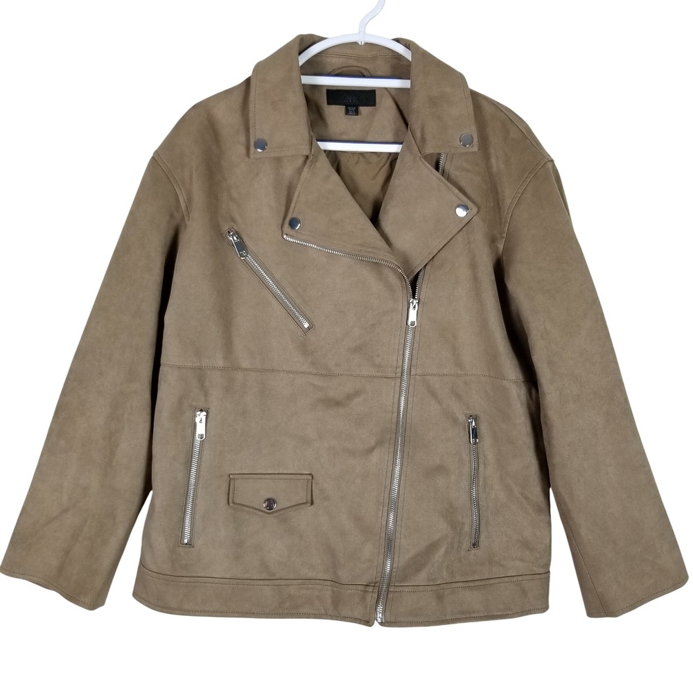 Zara Faux Suede Biker Jacket Womens Medium Tan Moto Asymmetrical Zip Coat
